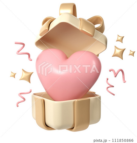 3d pink heart in gift open box Cartoon Style for Decoration. Love Valentine romantic design, Mother day, Women day Background illustration 111850866