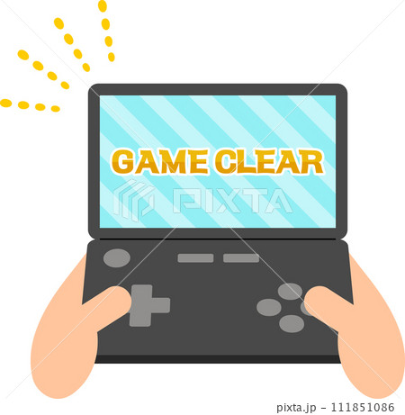 ゲームクリアの画面が表示された携帯ゲーム機 ゲームクリアの画面が表示された携帯ゲーム機 111851086