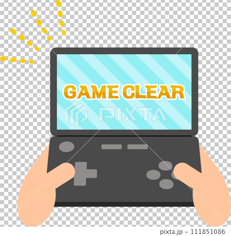 ゲームクリアの画面が表示された携帯ゲーム機 ゲームクリアの画面が表示された携帯ゲーム機 111851086