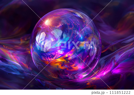 Mystical iridescent object. Shimmering with a spectrum of vibrant colors. Emanating a captivating and otherworldly glow. Futuristic and surreal art style. 111851222