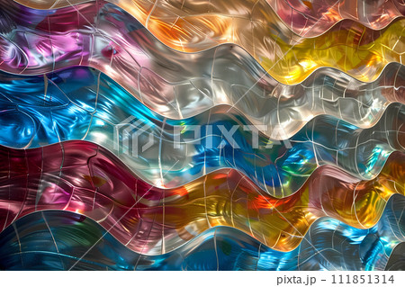 Wavy sheet colorful light in the style of kaleidoscope effects. Iridescent, vibrant, colorful, holographic , rainbowcore background 111851314