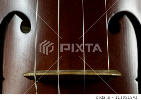 Vintage Concert Violin Bridge and Strings Closeup View Vintage Concert Violin Bridge and Strings Closeup View 111851543