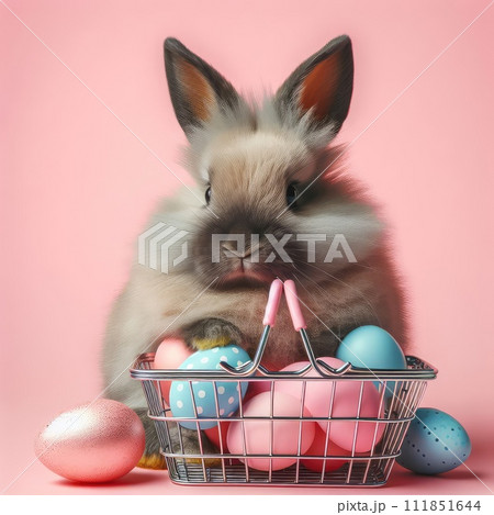 White Easter bunny rabbit with shopping basket and painted eggs on blue and pink background White Easter bunny rabbit with shopping basket and painted eggs on blue and pink background 111851644