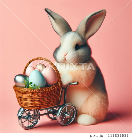 White Easter bunny rabbit with shopping basket and painted eggs on blue and pink background White Easter bunny rabbit with shopping basket and painted eggs on blue and pink background 111851651