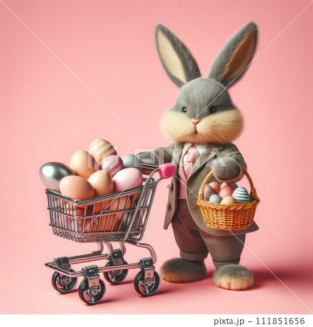 White Easter bunny rabbit with shopping basket and painted eggs on blue and pink background 111851656