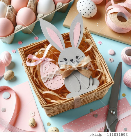 photo of Easter bunny paper gift egg wrapping. photo of Easter bunny paper gift egg wrapping. 111851698