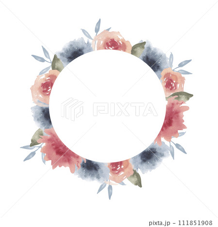 Watercolor abstract flowers round frame. Blue and pink floral arrangement with green leaves for invitation, label, logo ,greeting card design Watercolor abstract flowers round frame. Blue and pink floral arrangement with green leaves for invitation, label, logo ,greeting card design 111851908