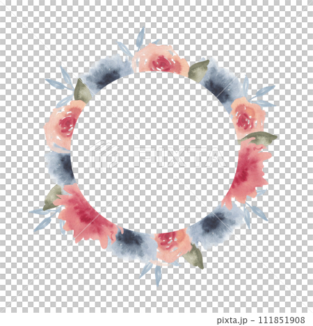 Watercolor abstract flowers round frame. Blue and pink floral arrangement with green leaves for invitation, label, logo ,greeting card design Watercolor abstract flowers round frame. Blue and pink floral arrangement with green leaves for invitation, label, logo ,greeting card design 111851908
