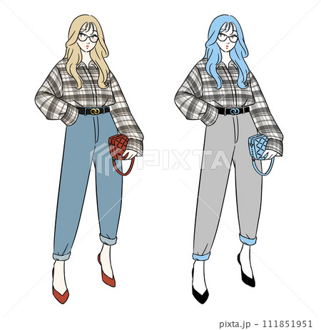 チェック柄　シャツ　おしゃれな女性 111851951