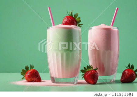 A healthy breakfast or snack option is a blended strawberry protein smoothie or milkshake on a pastel green background. 111851991