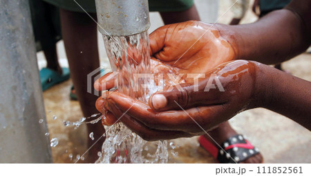 Hands wash procedure, cleaning hands with soap from viruses and contamination. Wash hands before dinner 111852561