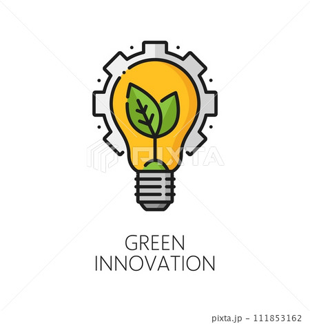 Eco power, green energy innovation outline icon. Renewable energy industry technology, eco and green transport innovation, clean electricity production line vector icon with cog wheel, lamp and leaves 111853162