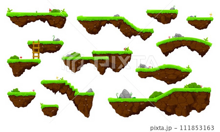 Cartoon isolated ground and grass game platforms with vector flowers, green plants and mushrooms, ladder, stairs and bridges. 2d arcade video and computer game UI assets with flying ground platforms 111853163