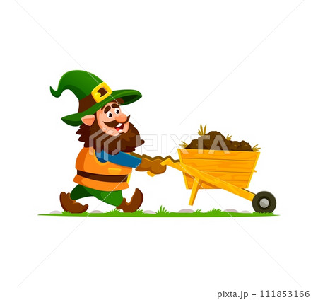 Cartoon gnome or dwarf gardener character smiles proudly, pushing a wheelbarrow filled with rich soil. Isolated vector whimsical personage ready for planting, and green-thumb activities in the garden 111853166