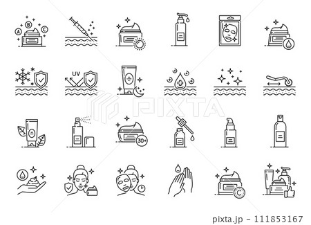 Face and hands skin care icons of vector beauty, cosmetic and dermatology treatments. Thin line cream, lotion, collagen mask and serum drops, gel, oil, foam cleanser, scrub and sunscreen bottles, jars Face and hands skin care icons of vector beauty, cosmetic and dermatology treatments. Thin line cream, lotion, collagen mask and serum drops, gel, oil, foam cleanser, scrub and sunscreen bottles, jars 111853167