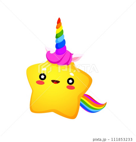 Cartoon cute kawaii star unicorn character. Vector little twinkle star corn personage with funny rainbow horn, ears and tail. Happy starry corn emoticon and space unicorn emoji with happy smile 111853233