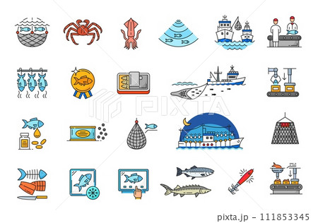 Fishing industry line icons of fishery boat, fish and seafood in outline vector. Sea fishing industry linear color icons of fisherman net or ship with fishnet, fish procession and production equipment 111853345