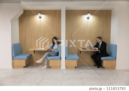 Two employees working seated in modern coworking space with partitions Two employees working seated in modern coworking space with partitions 111853783