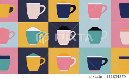 レトロポップなコーヒーカップ柄の模様のイラスト レトロポップなコーヒーカップ柄の模様のイラスト 111854279