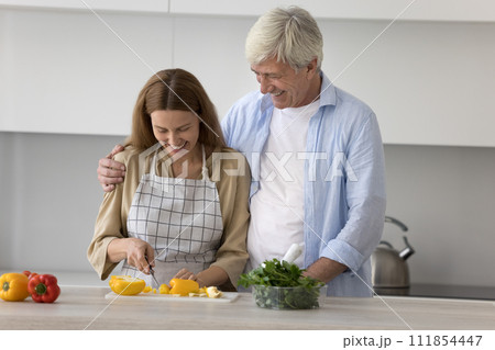 Millennial woman helps with dinner to elderly hoary father Millennial woman helps with dinner to elderly hoary father 111854447