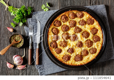 Meatball Hash Brown Casserole in baking dish Meatball Hash Brown Casserole in baking dish 111854641