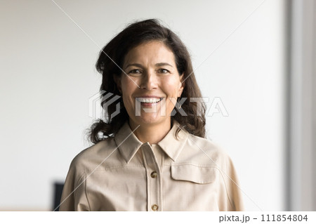 Happy positive mature brunette woman indoor portrait 111854804