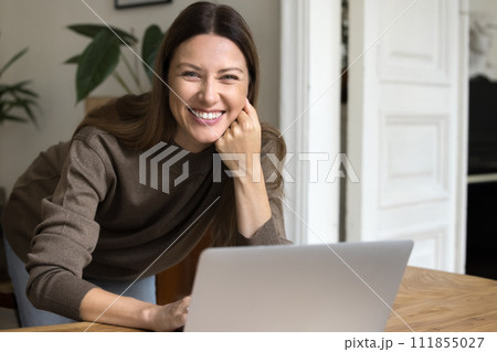 Cheerful beautiful freelancer woman looking at camera with toothy smile Cheerful beautiful freelancer woman looking at camera with toothy smile 111855027
