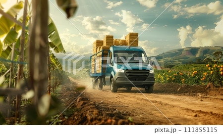 AI-generated content. Truck transporting haystacks, driving along an empty road against fields background. Summer harvesting and distribution 111855115