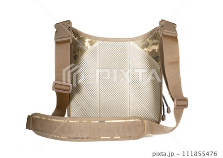 Backpack bag gear protective color khaki, tactical sports equipment isolated on white background 111855476