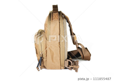 Backpack bag gear protective color khaki, tactical sports equipment isolated on white background 111855487