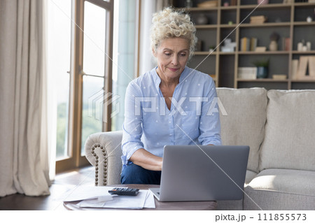 Serious old woman manage household budget use laptop 111855573
