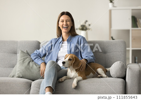 Happy joyful dog owner woman resting on comfortable stylish couch Happy joyful dog owner woman resting on comfortable stylish couch 111855643