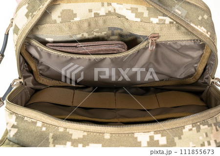 Backpack bag gear protective color khaki, tactical sports equipment isolated on white background 111855673
