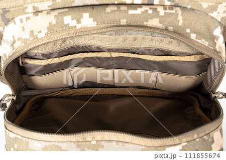 Backpack bag gear protective color khaki, tactical sports equipment isolated on white background Backpack bag gear protective color khaki, tactical sports equipment isolated on white background 111855674