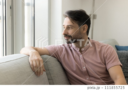 Positive thoughtful relaxed middle aged man sitting on comfortable couch 111855725