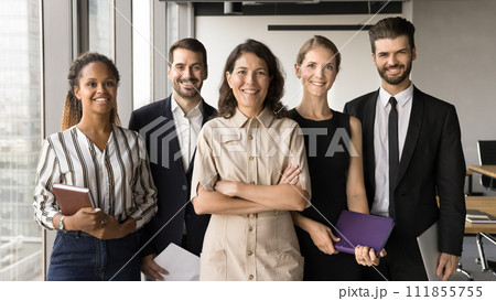 Positive confident multiethnic business team of five professionals banner Positive confident multiethnic business team of five professionals banner 111855755