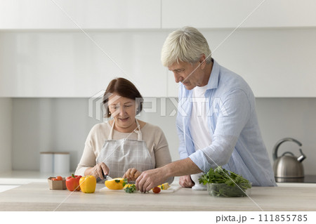 Cute senior married couple cooking in home kitchen together Cute senior married couple cooking in home kitchen together 111855785