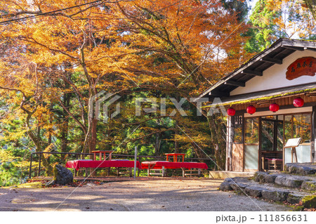 秋の京都　高雄山神護寺参道　紅葉に包まれた高雄茶屋 111856631