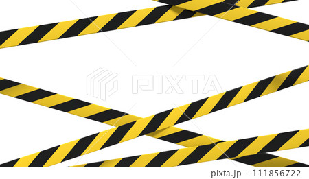 Warning tape and police line. Black and yellow line striped. Warning danger tape. Restriction tapes 3d rendering Warning tape and police line. Black and yellow line striped. Warning danger tape. Restriction tapes 3d rendering 111856722