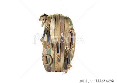 Backpack bag gear protective color khaki, tactical sports equipment isolated on white background 111856748