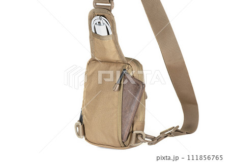 Backpack bag gear protective color khaki, tactical sports equipment isolated on white background 111856765