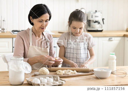 Loving older granny teach cute granddaughter to cook Loving older granny teach cute granddaughter to cook 111857156