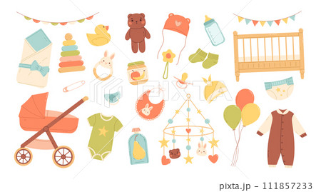 Baby shower set. Items for baby care. Flat vector isolated illustration Baby shower set. Items for baby care. Flat vector isolated illustration 111857233