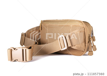 Backpack bag gear protective color khaki, tactical sports equipment isolated on white background 111857360
