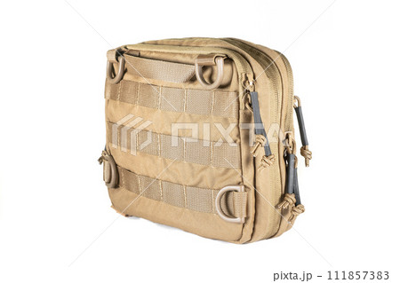 Backpack bag gear protective color khaki, tactical sports equipment isolated on white background Backpack bag gear protective color khaki, tactical sports equipment isolated on white background 111857383