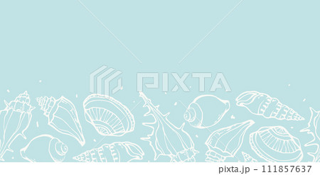 Sea shells seamless border marine background with hand drawn print bathroom textile vector design 111857637