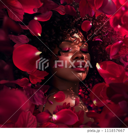 AI-generated content. stylish fashion photoshop of plus size model with petals, dark magenta and light crimson 111857667