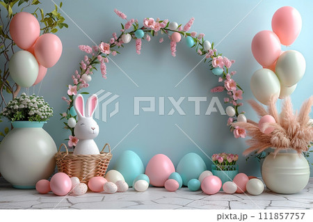 AI-generated content. Balloon garland decoration elements. Frame arch for easter, wedding, birthday, baby shower party celebration. 111857757