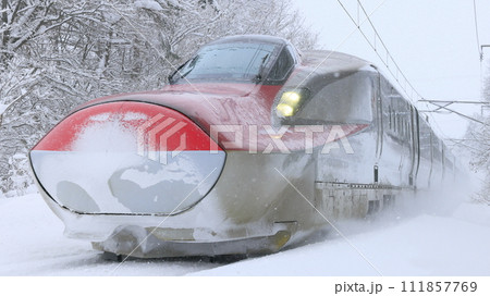 雪降る仙岩峠を走る秋田新幹線 111857769