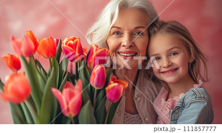 AI-generated content. Happy mother's day! Beautiful young girl and her grandmother with flowers AI-generated content. Happy mother's day! Beautiful young girl and her grandmother with flowers 111857777